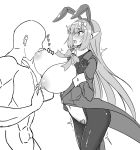  1boy 1girl animal_ears areolae breast_sucking breasts bunny_ears bunny_girl clothed_female_nude_male gippo greyscale heart_pasties highres large_breasts long_hair maebari meme_attire monochrome navel nipples nude original pasties removing_pasties revealing_clothes reverse_bunnysuit reverse_outfit robot_ears shrug_(clothing) simple_background white_background 