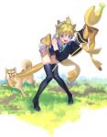  1boy banana biting biting_clothes blush boots dog food fruit full_body headset kagamine_len magical_girl mouth_hold naoko_(naonocoto) open_mouth shiba_inu sleeves_past_wrists tears thigh_boots thighhighs vocaloid 