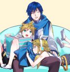  1girl 2boys blonde_hair blue_eyes blue_hair book brother_and_sister closed_eyes hair_between_eyes headset kagamine_len kagamine_rin looking_at_another multiple_boys naoko_(naonocoto) sailor_collar scarf siblings simple_background smile twins vocaloid yellow_background 