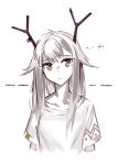 1girl antlers arknights character_name cropped_torso deel_(rkeg) expressionless firewatch_(arknights) green_eyes hair_flaps highres limited_palette long_hair looking_at_viewer mole mole_under_eye reindeer_antlers shirt short_sleeves simple_background solo white_background 