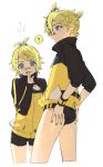  1boy 1girl ? ass ass_grab bandaid bandaid_on_nose blonde_hair blue_eyes blush brother_and_sister buruma cosplay costume_switch grabbing_own_ass hair_ornament hairclip kagamine_len kagamine_rin male_swimwear naoko_(naonocoto) open_mouth siblings spoken_question_mark swimwear twins vocaloid 
