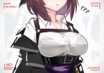  1girl arknights belt black_jacket breasts buttons collared_shirt deel_(rkeg) dress_shirt dur-nar_(arknights) framed_breasts head_out_of_frame highres jacket large_breasts off_shoulder parted_lips purple_hair shirt short_hair solo viewfinder white_background white_shirt 