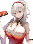  1girl absurdres azur_lane belfast_(azur_lane) bow braid braided_bangs breasts cleavage dress food gachi_fa hair_bow hairband highres large_breasts long_hair looking_at_viewer pizza pizza_hut ponytail purple_eyes red_dress short_dress silver_hair solo white_background 