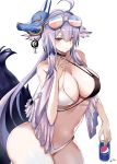 1girl absurdres ahoge azur_lane bare_shoulders bow breasts brown_eyes cleavage collarbone eyewear_on_head gachi_fa hair_bow highres large_breasts long_hair looking_at_viewer mask navel pepsi purple_hair solo stomach sunglasses swimsuit tosa_(azur_lane) tosa_(hometown_zest)_(azur_lane) white_background white_swimsuit 