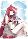  1girl :o arknights bare_shoulders bikini black_bikini deel_(rkeg) detached_collar food grey_jacket highres holding horns jacket long_hair looking_at_viewer navel off_shoulder parted_lips pointy_ears popsicle red_eyes red_hair sidelocks sitting solo string_bikini swimsuit thighs very_long_hair vigna_(arknights) 