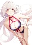  1girl ahoge bangs bare_shoulders bikini black_bikini blush breasts cleavage collarbone fate/grand_order fate_(series) fifty1202 halterneck hand_on_hip highres jeanne_d&#039;arc_(alter)_(fate) jeanne_d&#039;arc_(fate)_(all) large_breasts leaning_forward long_hair looking_at_viewer low_twintails multi-strapped_bikini navel pale_skin parted_lips silver_hair simple_background swimsuit thighs twintails very_long_hair white_background yellow_eyes 
