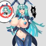  1girl aqua_hair areola_slip areolae bangs blue_eyes blush breasts bunnysuit chibi eyebrows_visible_through_hair gippo grey_background hair_intakes heart_pasties highres huge_breasts large_breasts long_hair maebari meme_attire navel open_mouth original pasties reverse_bunnysuit reverse_outfit robot_ears simple_background tagme tearing_up 