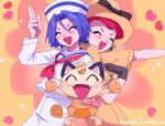  1boy 1girl 2ameyasan2 blue_eyes blue_hair gen_1_pokemon green_eyes hat heart highres kojirou_(pokemon) meowth musashi_(pokemon) red_hair team_rocket 