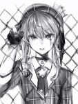  1girl chain-link_fence crown double-breasted eyebrows_visible_through_hair fence fingernails gloves greyscale hand_up highres hololive hoshimachi_suisei jacket long_sleeves looking_at_viewer medium_hair mini_crown monochrome nanashi_(nlo74593630) necktie parted_lips partly_fingerless_gloves solo star_(symbol) star_in_eye symbol_in_eye upper_body virtual_youtuber 