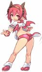  1girl bat_wings breasts demon_girl disgaea from_behind hairband horns karukan_(monjya) looking_at_viewer looking_back makai_senki_disgaea_3 pink_buruma pink_eyes pink_hair pointy_ears raspberyl short_hair simple_background smile solo sportswear tail white_background wings 