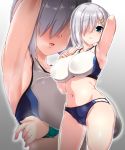  1girl arm_under_breasts arm_up blue_eyes blush breasts eyebrows_visible_through_hair grey_background hair_ornament hair_over_one_eye hairclip hamakaze_(kantai_collection) hand_on_own_chest highres kantai_collection large_breasts multiple_views navel open_mouth short_hair silver_hair simple_background sports_bra sportswear steam sweat yoshi_tama 