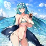  1girl aqua_hair bangs bikini blue_eyes blue_sky blush breasts closed_mouth cloud cloudy_sky covered_nipples cup day eyebrows_visible_through_hair gippo holding holding_cup large_breasts long_hair looking_at_viewer navel ocean original outdoors robot_ears side-tie_bikini sky smile solo swimsuit tagme 