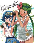  2girls bare_shoulders blue_eyes blue_hair blue_pants blush breasts collarbone commentary_request eating eyebrows_visible_through_hair flower food gold_hairband green_eyes green_hair hair_flower hair_ornament hairband holding holding_food katsuto long_hair mao_(pokemon) multiple_girls no_sclera open_mouth pants pink_flower pokemon pokemon_(game) pokemon_sm rope_belt school_swimsuit shiny shiny_hair short_hair suiren_(pokemon) swimsuit swimsuit_under_clothes teeth tongue trial_captain twintails upper_teeth 