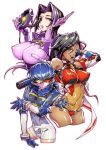  3girls black_hair blue_hair breasts brown_eyes covered_nipples dark_skin decepticon fingerless_gloves genderswap genderswap_(mtf) gloves hand_behind_head hand_on_hip large_breasts looking_at_viewer mecha_musume mechanical_ears medium_breasts multiple_girls one_eye_covered personification purple_hair ryuuichirou_(haineken) shockwave_(transformers) short_hair skin_tight small_breasts soundwave squinting starscream sunglasses transformers white_background 