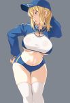  1girl arm_behind_head artoria_pendragon_(all) baseball_cap blonde_hair blue_eyes blue_headwear blue_shorts breasts crop_top eyebrows_visible_through_hair fate/grand_order fate_(series) grey_background hand_on_hip hat highres large_breasts long_sleeves looking_to_the_side midriff mysterious_heroine_xx_(foreigner) nakamura_yukitoshi navel open_mouth over-kneehighs ponytail short_shorts shorts shrug_(clothing) sidelocks simple_background solo standing thighhighs underboob white_legwear zipper_pull_tab 