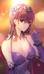  breasts cleavage commentary_request damda dress elbow_gloves fate/grand_order fate_(series) flower gloves hair_flower hair_ornament heroic_spirit_formal_dress jewelry large_breasts long_hair looking_at_viewer necklace purple_dress purple_hair red_eyes scathach_(fate)_(all) scathach_(fate/grand_order) tiara 