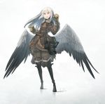  1girl artist_name asterisk_kome bird_wings black_footwear boots brown_coat camera coat commentary dated gloves grey_pants grey_wings gun handgun highres holster knee_boots long_sleeves looking_at_viewer low_wings open_mouth pants red_eyes signature silver_hair smile solo spread_wings standing weapon wind winged_fusiliers wings yellow_gloves 