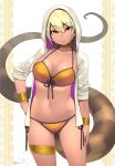  1girl bikini blonde_hair breasts cleavage closed_mouth collarbone commentary_request cowboy_shot dated eyebrows_visible_through_hair hand_on_hip happa_(cloverppd) highres hood hood_up hooded_jacket jacket kemono_friends king_cobra_(kemono_friends) looking_at_viewer navel open_clothes open_jacket orange_eyes side-tie_bikini sleeves_past_elbows snake_tail solo swimsuit tail yellow_bikini 