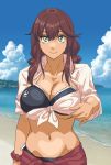  1girl bangs beach bikini black_bikini blue_sky braid breasts brown_hair brown_scrunchie cleavage cloud collarbone commentary_request cowboy_shot day green_eyes highres kantai_collection large_breasts looking_at_viewer noshiro_(kantai_collection) outdoors red_sarong sarong scrunchie shirt sky solo sozan swept_bangs swimsuit tan tied_shirt twin_braids wrist_scrunchie 