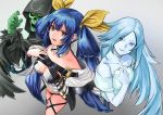  1boy 2girls absurdres asymmetrical_wings belt black_legwear blue_hair breasts choker cleavage collarbone detached_sleeves dizzy_(guilty_gear) guilty_gear guilty_gear_xrd hair_ribbon highres huge_filesize large_breasts long_hair looking_at_viewer midriff multiple_girls navel necro_(guilty_gear) parted_lips red_eyes ribbon thick_thighs thighhighs thighs twintails undine_(guilty_gear) wings yellow_ribbon zyaki 