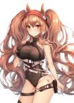  1girl angelina_(arknights) animal_ears arknights bare_arms bare_shoulders belt belt_pouch black_choker black_legwear black_leotard breasts choker covered_navel cowboy_shot fox_ears groin hairband hand_up large_breasts leg_belt leotard long_hair looking_at_viewer multiple_belts no_tail orange_hair parted_lips pouch red_eyes simple_background single_thighhigh solo taut_clothes taut_leotard thighhighs thighs twintails very_long_hair white_background yuemanhuaikong 