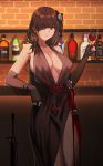  1girl absurdres alcohol bangs black_dress black_gloves bottle braid breasts brick_wall brown_eyes brown_hair cero_(last2stage) cleavage closed_mouth commentary_request cup dress drinking_glass earrings elbow_gloves eyepatch flower girls_frontline gloves hair_flower hair_ornament halterneck highres holding holding_cup indoors jewelry large_breasts leaning_on_object long_hair looking_at_viewer m16a1_(girls_frontline) mole mole_under_eye no_bra partly_fingerless_gloves scar scar_across_eye shelf single_braid smile solo standing wine wine_glass 
