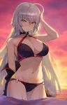  1girl ahoge backlighting bangs bare_shoulders bikini black_bikini black_choker black_jacket blush breasts choker cleavage closed_mouth collarbone cropped_jacket fate/grand_order fate_(series) gradient_sky hand_in_hair highres jacket jeanne_d&#039;arc_(alter_swimsuit_berserker) jeanne_d&#039;arc_(fate)_(all) large_breasts long_hair looking_at_viewer navel o-ring ocean off_shoulder open_clothes open_jacket orange_sky seon_(seonon_) silver_hair sky sunset swimsuit thighs twilight very_long_hair wading water wet yellow_eyes 