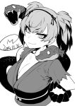  1girl :3 breasts cleavage closed_mouth collarbone eyebrows_visible_through_hair eyelashes greyscale happa_(cloverppd) kemono_friends large_breasts looking_at_viewer monochrome short_hair short_twintails smirk smug snake solo twintails upper_body yamata_no_orochi_(kemono_friends) 