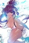  1girl bangs bare_shoulders bikini blush breasts cleavage closed_mouth collarbone commentary_request damda fate/grand_order fate_(series) freediving hair_between_eyes hair_intakes hair_ribbon holding_breath large_breasts long_hair looking_at_viewer ponytail puffy_cheeks purple_hair purple_ribbon red_eyes revision ribbon sarong scathach_(fate)_(all) scathach_skadi_(fate/grand_order) solo swimming swimsuit thighs tiara underwater white_bikini 