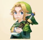  1boy blonde_hair blue_eyes bottle closed_mouth commentary english_commentary food food_on_face green_headwear green_shirt hat holding link looking_at_viewer male_focus milk milk_bottle milk_mustache na_(oagenosuke) pointy_ears shirt short_sleeves solo sword the_legend_of_zelda the_legend_of_zelda:_majora&#039;s_mask upper_body weapon weapon_on_back yellow_background 