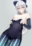  1girl ass_visible_through_thighs black_bow black_gloves bow breasts clenched_teeth collarbone commentary_request elbow_gloves from_below girls_frontline gloves grey_background gusset hair_bow highres long_hair looking_down nipples open_mouth partly_fingerless_gloves red_eyes silver_hair simple_background small_breasts solo straight_hair striped striped_legwear teeth thigh_gap tokarev_(girls_frontline) tsukumo_nikyu undersized_clothes vertical-striped_gloves vertical-striped_legwear vertical_stripes very_long_hair 