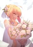  1girl ahoge artoria_pendragon_(all) bangs bare_shoulders blonde_hair blue_ribbon blush braid breasts cleavage closed_eyes commentary_request copyright_name dress earrings eyebrows_visible_through_hair fate/grand_order fate_(series) flower gloves hair_flower hair_ornament highres holding holding_flower jewelry long_hair necklace profnote ribbon saber short_hair simple_background smile solo wedding_dress white_background white_flower white_gloves 