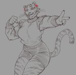  2020 accessory anthro bottomwear breasts cerebropodrido clothing felid female finger_claws fur gesture grey_background hair_accessory hair_ribbon mammal pantherine ribbons shorts simple_background solo striped_body striped_fur stripes sweater tiger topwear v_sign 
