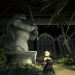  1girl arch arm_at_side artoria_pendragon_(all) bangs bare_shoulders black_dress black_gloves blonde_hair bush ceiling choker dress elbow_gloves fate_(series) gloves grass greenhouse hair_bun hair_ribbon highres indoors looking_away looking_to_the_side night outstretched_arm plant ribbon saber see-through shawl sidelocks sleeveless sleeveless_dress solo statue taro-k tree window 