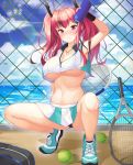  1girl absurdres aqua_footwear arm_up armpits azur_lane bag ball bare_legs black_hair blue_sky blush bottle bremerton_(azur_lane) bremerton_(scorching-hot_training)_(azur_lane) chain-link_fence closed_mouth cloud collarbone crop_top crop_top_overhang day duffel_bag fence hair_ornament hairclip heart heart_necklace highres holding holding_bottle horizon kotomaru_(sirouko9511) long_hair looking_at_viewer miniskirt multicolored_hair navel ocean outdoors panties pantyshot racket red_eyes red_hair shoes skirt sky sleeveless smile sneakers solo spread_legs squatting stomach streaked_hair striped sweat tennis_ball tennis_racket twintails two-tone_skirt underwear upskirt vertical-striped_skirt vertical_stripes water x_hair_ornament 