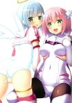  2girls :p angel_wings ass black_legwear blue_hair blush boots breasts covered_navel covering covering_crotch elbow_gloves energy_wings gloves green_eyes halo hand_on_own_chest head_wings highres kneeling looking_back magical_girl makai_tenshi_djibril makai_tenshi_djibril_4 manabe_rika mintoaisu multiple_girls naughty_face one-piece_swimsuit open_mouth pantyhose pink_footwear pink_gloves pink_hair pink_legwear saotome_momo school_swimsuit short_hair simple_background sitting smile swimsuit thigh_boots thighhighs thighlet thighs tongue tongue_out white_background white_legwear white_school_swimsuit white_swimsuit wings 