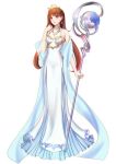  1girl blue_earrings breasts brown_hair dress full_body grace1314 hand_up holding holding_staff original princess purple_eyes small_breasts staff standing tiara white_background white_dress 