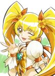  1girl ;d bangs blonde_hair bow choker collarbone crop_top eyebrows_visible_through_hair floating_hair flower hair_between_eyes hair_bow hair_flower hair_ornament heart heartcatch_precure! long_hair midriff myoudouin_itsuki one_eye_closed open_mouth orange_bow outstretched_hand precure shiny shiny_hair sketch smile solo tsukikage_oyama twintails upper_body very_long_hair white_background yellow_eyes yellow_flower 