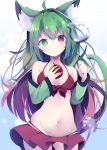  1girl ahoge animal_ear_fluff animal_ears apple bare_shoulders bikini bikini_skirt blurry blurry_foreground blush breasts cat_ears cat_girl cat_tail closed_mouth cowboy_shot depth_of_field food front-tie_bikini front-tie_top fruit gradient_hair green_apple green_eyes green_hair green_sleeves groin hands_up heterochromia holding holding_food kyuukon_(qkonsan) long_hair long_sleeves medium_breasts multicolored_hair navel original red_apple red_bikini red_eyes red_hair single_hair_intake solo swimsuit tail tail_raised very_long_hair water_drop 