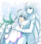  2girls :d ;) artist_name blue_eyes blue_hair blue_skin blush breasts cape dated flower highres hisin large_breasts lily_of_the_valley long_hair multiple_girls nanakoori_(xenoblade) one_eye_closed open_mouth paws simple_background smile snowflakes standing tsuki_(xenoblade) white_cape xenoblade_(series) xenoblade_2 