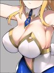  1girl artoria_pendragon_(all) artoria_pendragon_(swimsuit_ruler)_(fate) blonde_hair blue_legwear blue_neckwear breasts bunnysuit cleavage collarbone commentary detached_collar fate/grand_order fate_(series) green_eyes grey_background head_out_of_frame highres large_breasts leotard long_hair navel nichigeckoh pantyhose parted_lips simple_background solo 