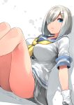  1girl arm_support blue_eyes breasts dated dutch_angle gloves grey_skirt hair_ornament hair_over_one_eye hairclip hamakaze_(kantai_collection) happa_(cloverppd) highres kantai_collection large_breasts lips school_uniform serafuku shadow shiny shiny_hair short_hair short_sleeves silver_hair sitting skirt solo white_background white_gloves 
