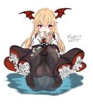  1girl bangs black_legwear blonde_hair dated demon_wings fangs frills hair_between_eyes head_wings highres knees_up long_hair long_sleeves looking_at_viewer pantyhose pointy_ears red_eyes reflection reisth shingeki_no_bahamut signature sitting solo tagme vampy white_background wings 