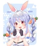  1girl animal_ear_fluff animal_ears bare_shoulders black_gloves blue_hair blush braid breasts bunny_ears carrot_hair_ornament character_name commentary eyebrows_visible_through_hair food_themed_hair_ornament fur_trim gloves hair_ornament highres hololive long_hair looking_at_viewer multicolored_hair open_mouth smile solo taemin thick_eyebrows twin_braids two-tone_hair upper_teeth usada_pekora virtual_youtuber white_hair 