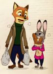  2017 anthro baguette barefoot bottomwear bread canid canine clothed clothing dipstick_ears disney duo food fox fully_clothed fur grey_body grey_fur judy_hopps lagomorph leporid looking_at_another mammal multicolored_ears nick_wilde nklove3104 open_mouth orange_body orange_fur pants plastic_bag rabbit red_fox sweater topwear zootopia 