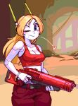  1girl aliasing android bare_shoulders belt blonde_hair blue_eyes breasts cleavage closed_mouth collarbone crop_top curly_brace doukutsu_monogatari english_commentary finger_on_trigger gun happy headphones heart holding holding_gun holding_weapon joints long_hair looking_at_viewer medium_breasts midriff one_eye_closed pants red_pants red_shirt rifle robot_joints shiny shiny_hair shirt sleeveless sleeveless_shirt smile solo standing wamudraws weapon 