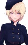  1girl bag beret blonde_hair blue_dress blue_eyes buttons darjeeling_(girls_und_panzer) dress eyebrows_visible_through_hair girls_frontline hair_strand hat highres looking_at_viewer mityubi parted_lips shadow simple_background solo 