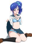  1girl :d absurdres acchi_(koiyimknp) aikatsu! aikatsu!_(series) black_legwear blue_bra blue_eyes blue_hair blue_panties blue_sailor_collar blue_scrunchie blue_skirt blush bra breasts brown_footwear cleavage collarbone collared_shirt eyebrows_visible_through_hair hair_ornament hair_scrunchie heart highres kiriya_aoi kneehighs lifted_by_self loafers long_hair long_sleeves looking_at_viewer medium_breasts miniskirt navel open_mouth panties pleated_skirt sailor_collar sailor_shirt school_uniform scrunchie serafuku shiny shiny_hair shirt shirt_lift shoes side_ponytail simple_background sitting skirt skirt_lift smile solo sweatdrop underwear wariza white_background white_shirt 