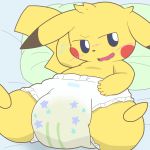  1:1 blue_eyes blush bodily_fluids diaper fur genital_fluids looking_away lying nervous nintendo on_back open_mouth pikachu pillow pok&eacute;mon pok&eacute;mon_(species) solo tomukemono urine video_games wet_diaper wetting yellow_body yellow_fur 