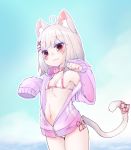  1girl :3 animal_ear_fluff animal_ears bra breasts cat_ears cat_tail jacket long_sleeves manao-ke manao_misuzu medium_hair naked_track_jacket open_track_jacket panties ribbon silver_hair sleeves_past_wrists small_breasts tail tail_ribbon track_jacket underwear ushimaru_477 virtual_youtuber 